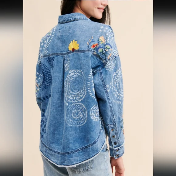 Free People We The Free Marrakesh Embroidered Denim Top Medium - Picture 9 of 12